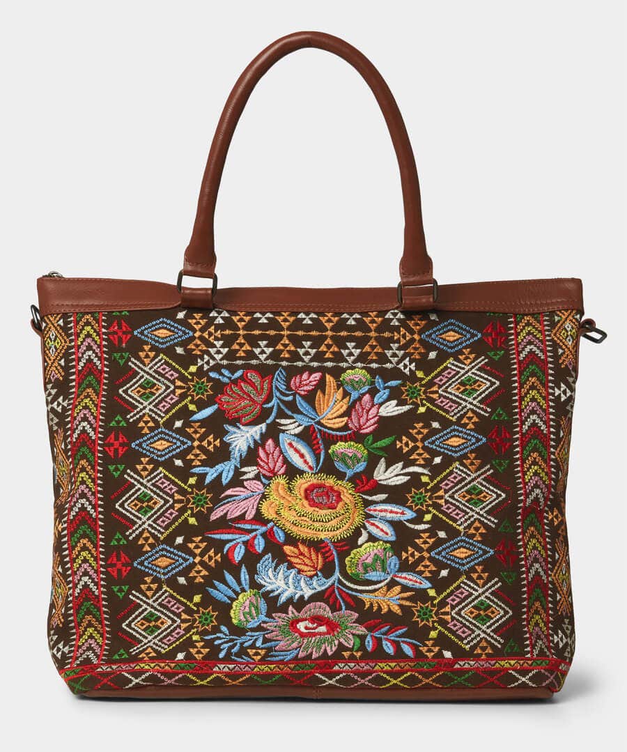 Embroidered Leather Trim Bag