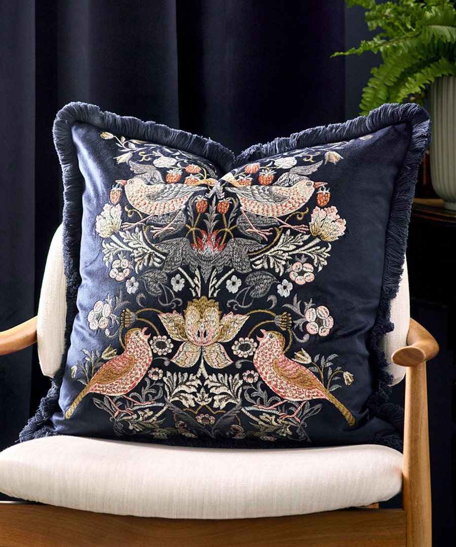 Strawberry Thief Embroidered Velvet Feather Rich Cushion