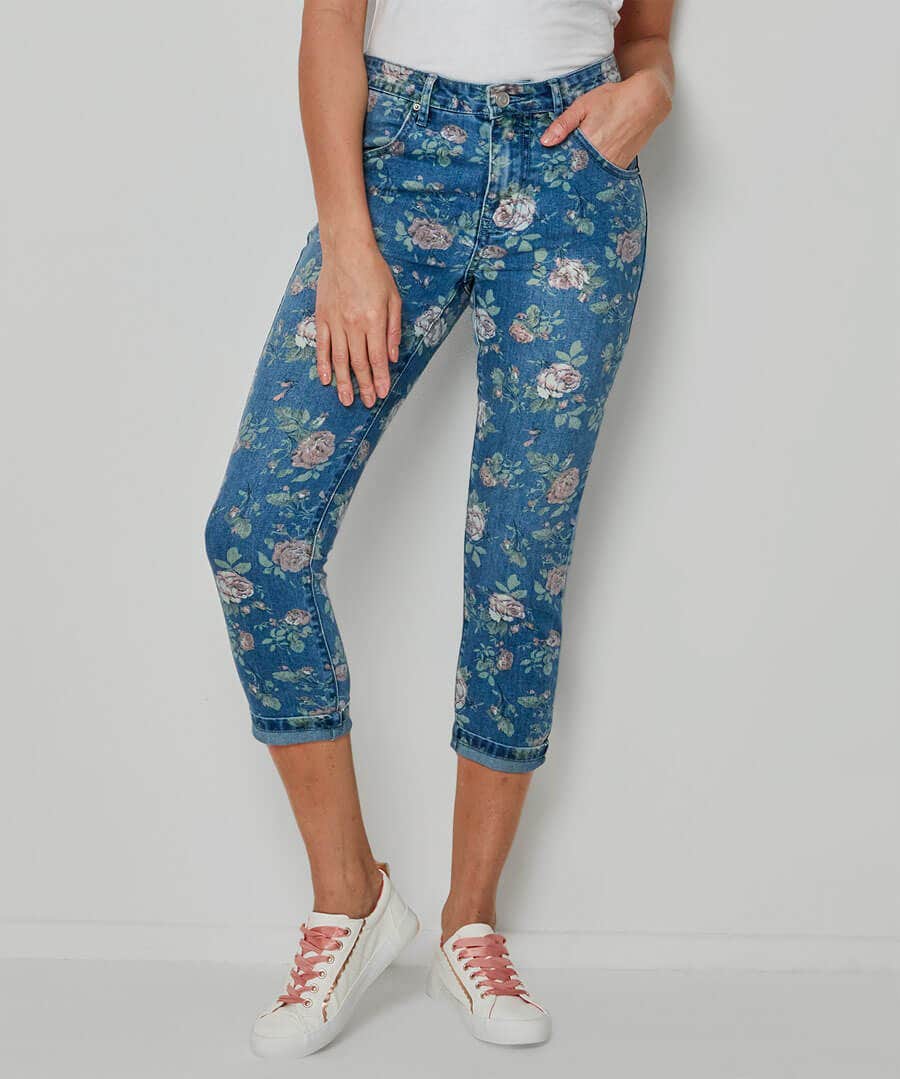 Rose Print Capri Jeans