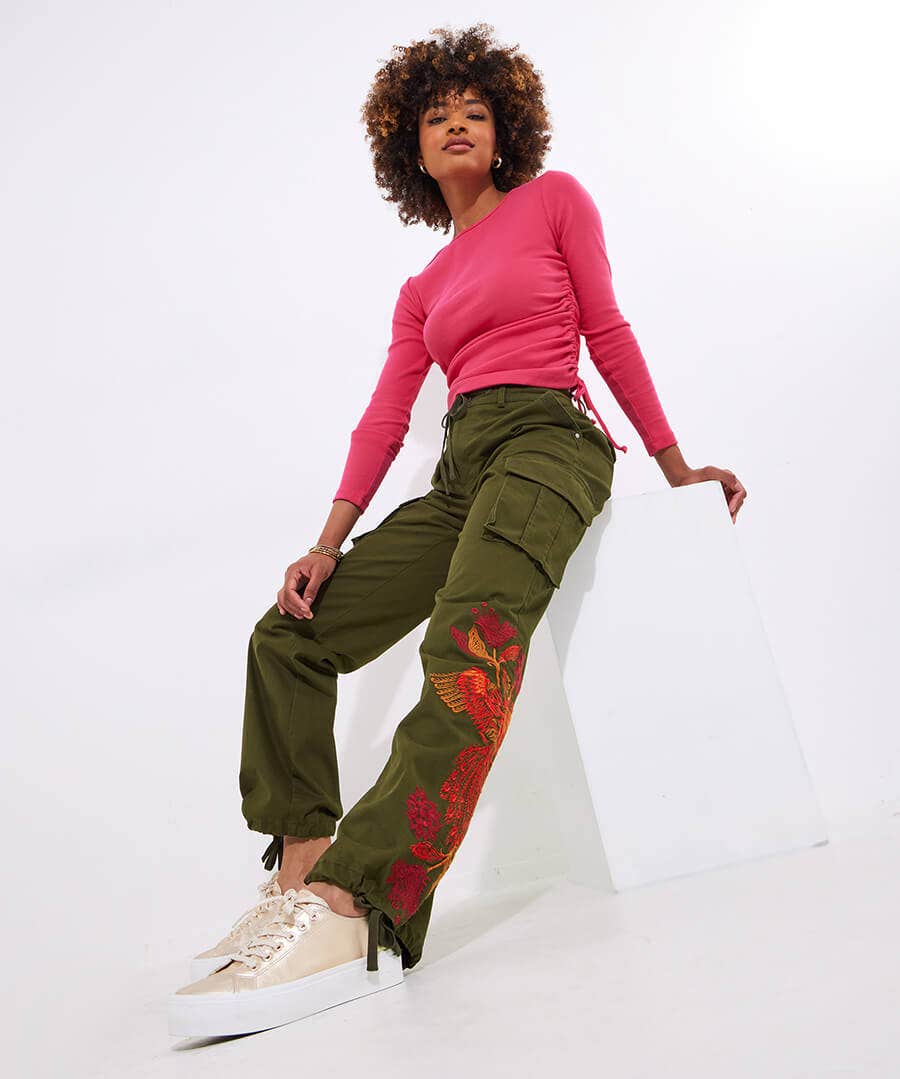 Extraordinary Embroidered Draw-Hem Cargo Pants