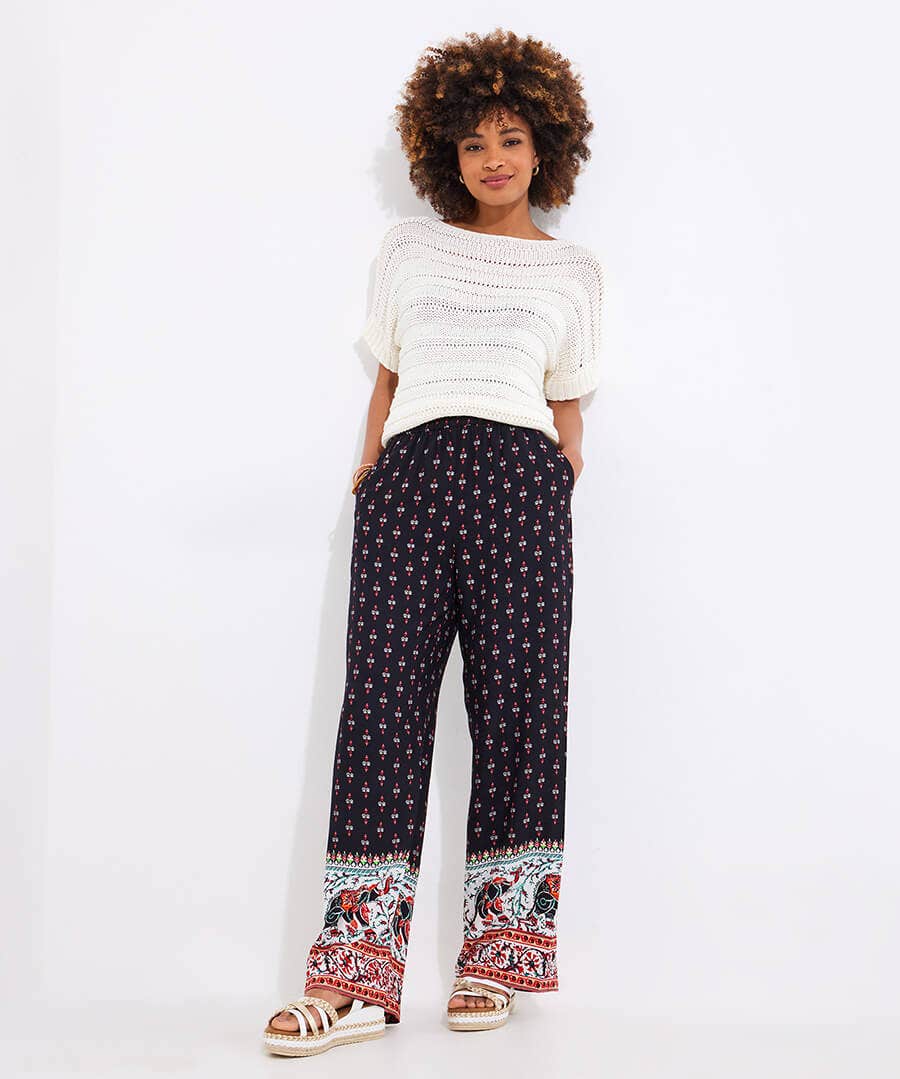 Elegant Elephant Print Wide Leg Trousers
