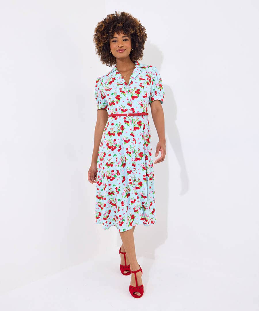 Betty Belted Vintage Cherry Print Midi Dress
