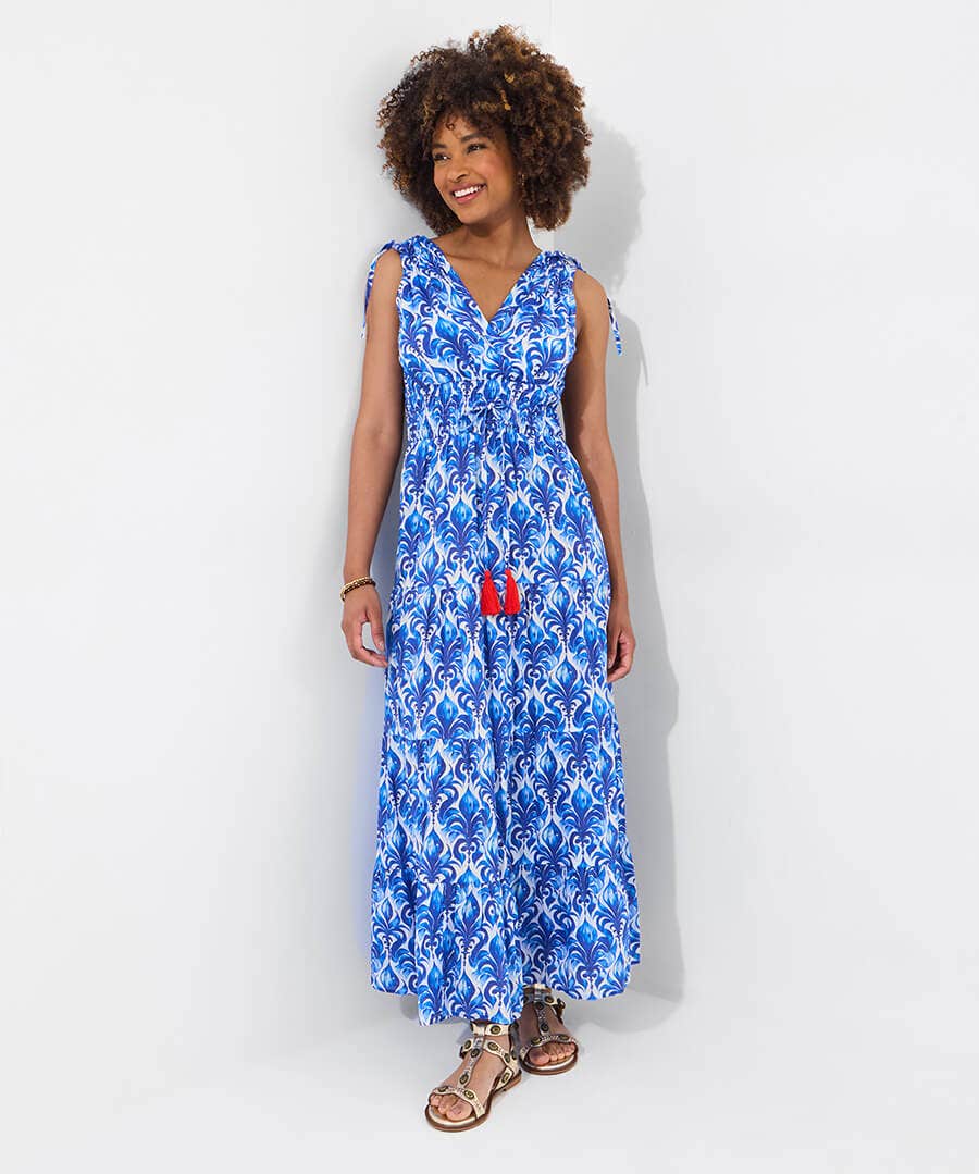 Santorini Blues Tie Shoulder Cotton Maxi Dress