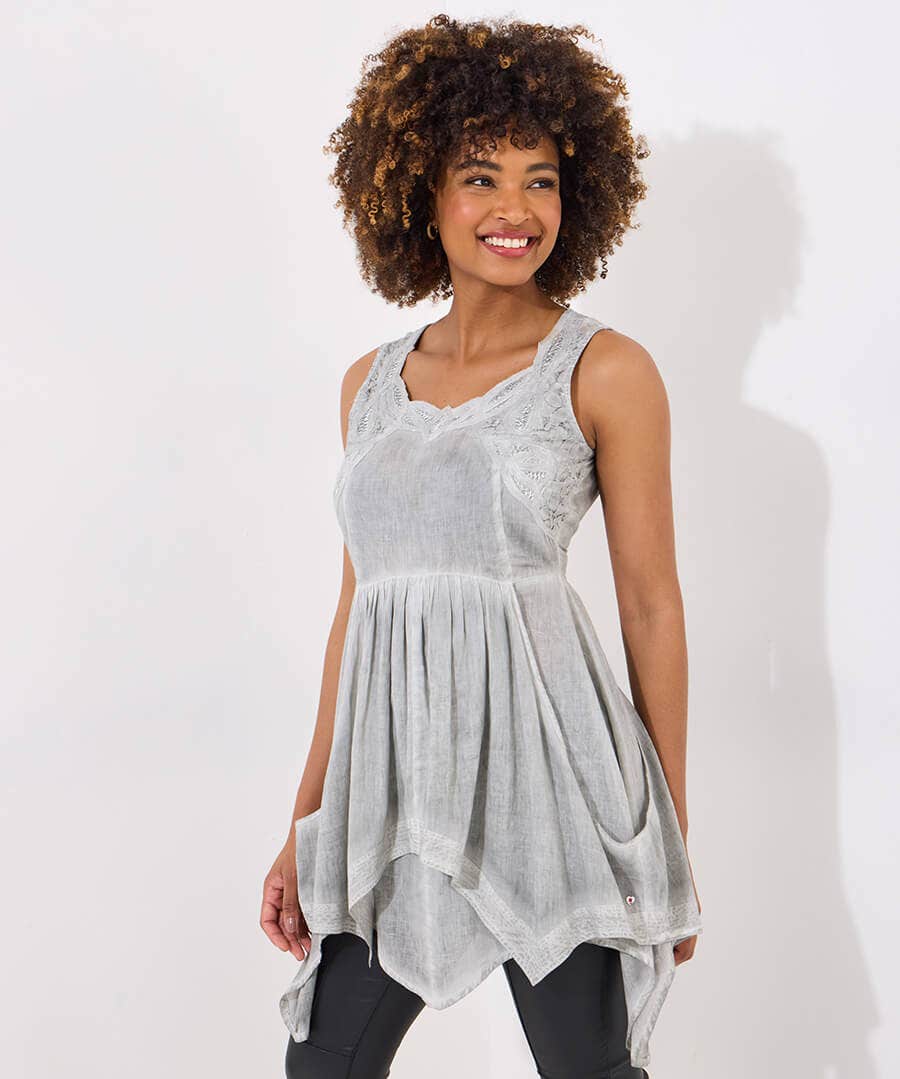 Washed Cotton Lace Trim Tunic Dress