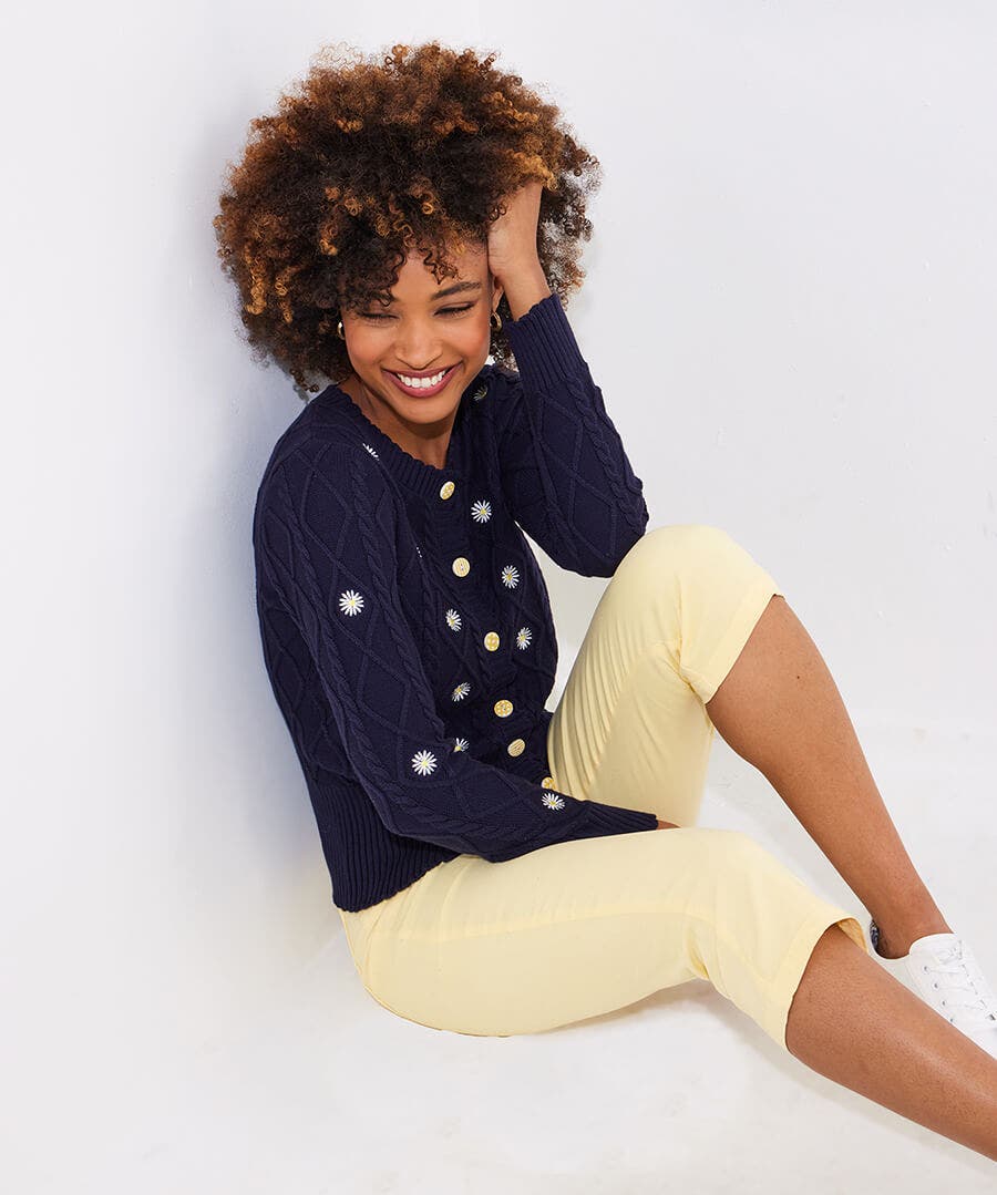 Daisy Embroidered Cable Knit Cardigan