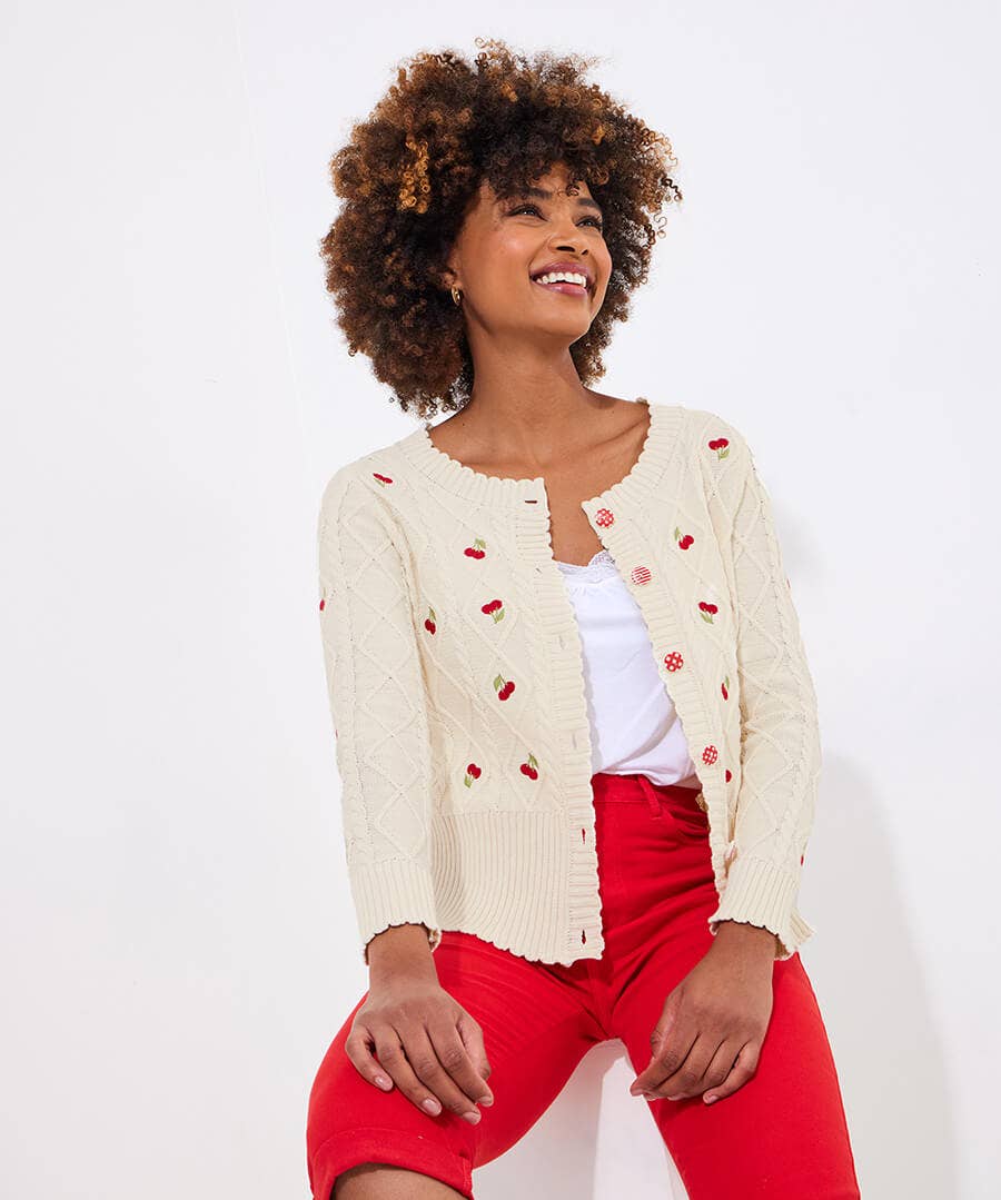 Cherry Embroidered Cable Knit Cardigan