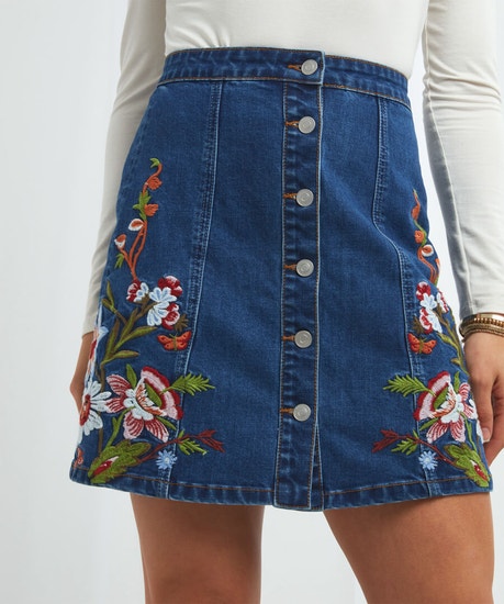 Desert Florals Embroidered Denim Skirt