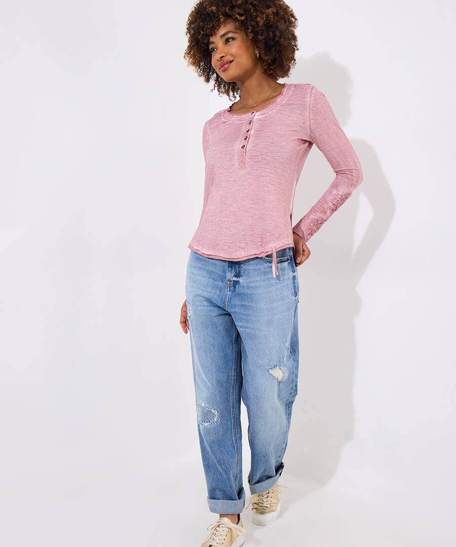 Jasmine Crochet Patch Henley Top