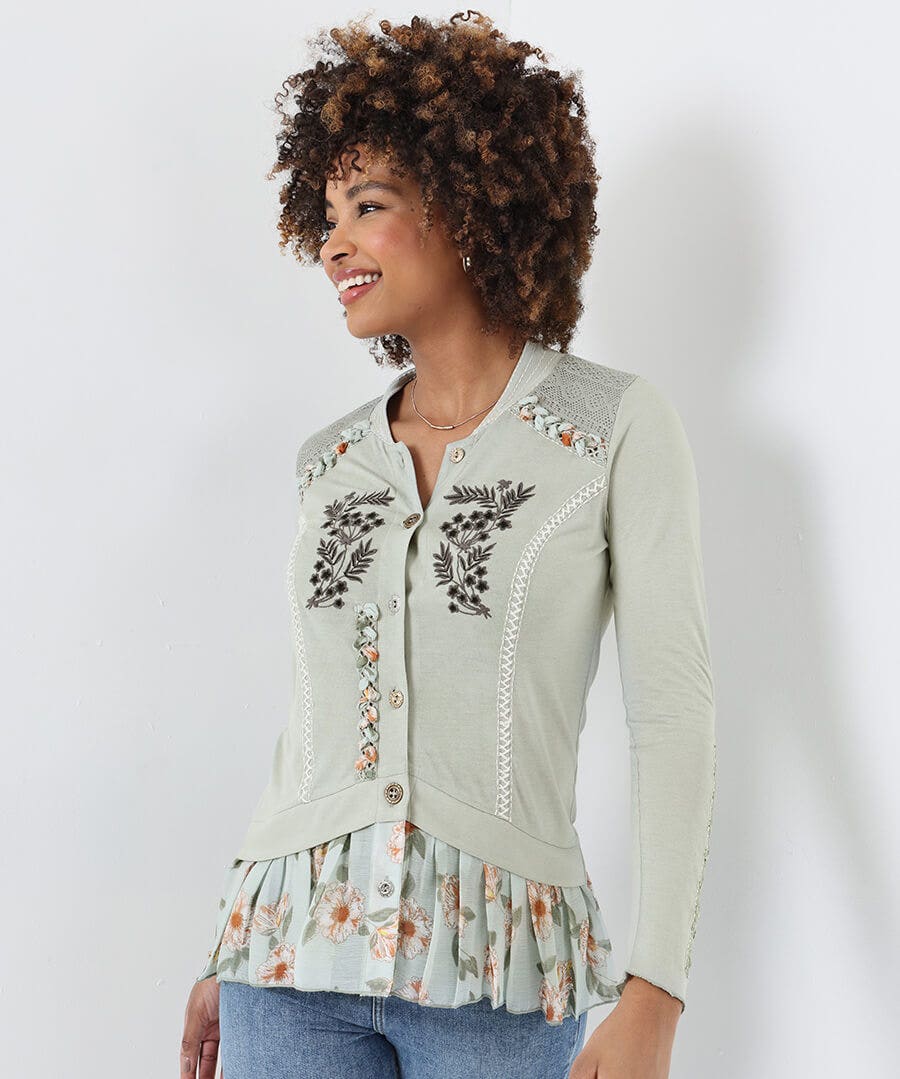 Joanna Embroidered Button Through Jersey Top
