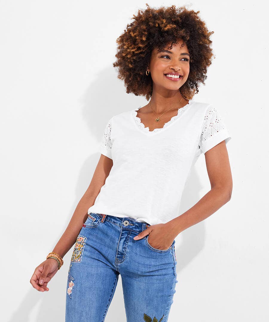 Summer Days Broderie Insert V-Neck T-Shirt