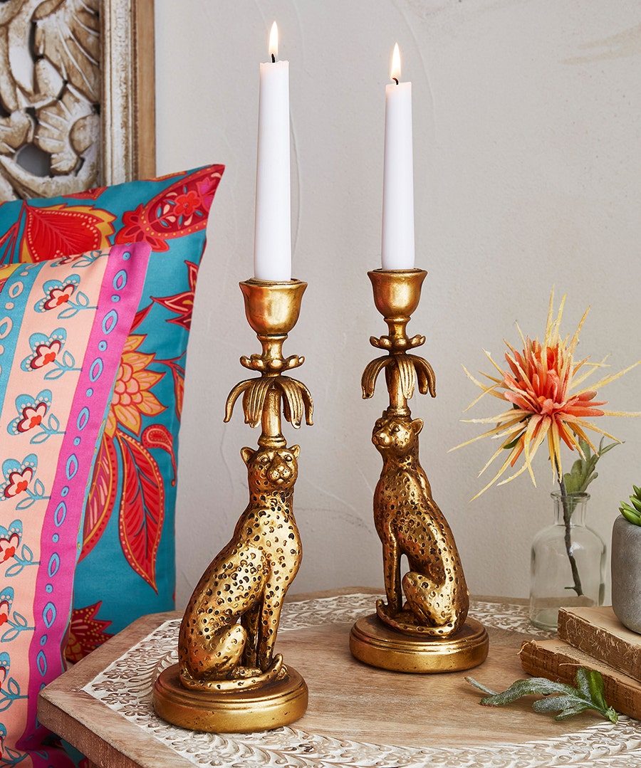 Pair Of Savannah Leopard Candle Holders
