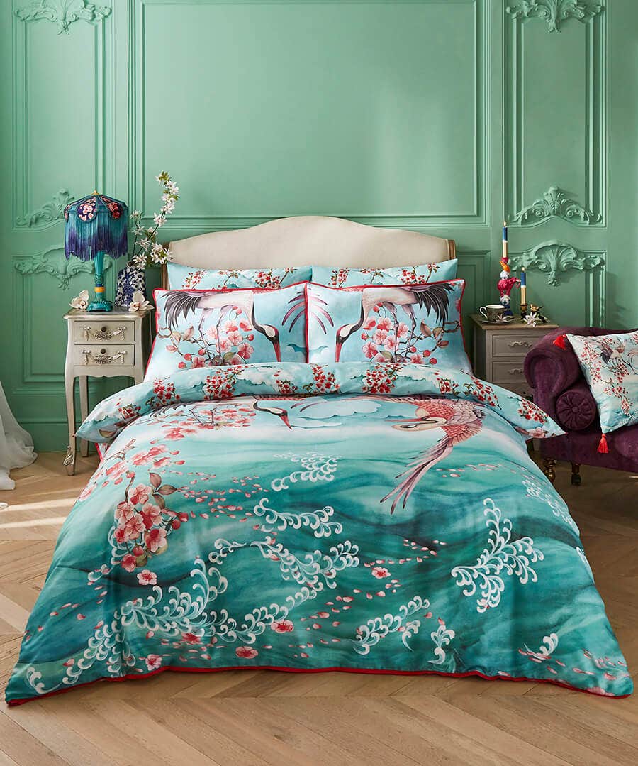 Sakura Herons Oceanic Cotton Sateen Reversible Duvet Set