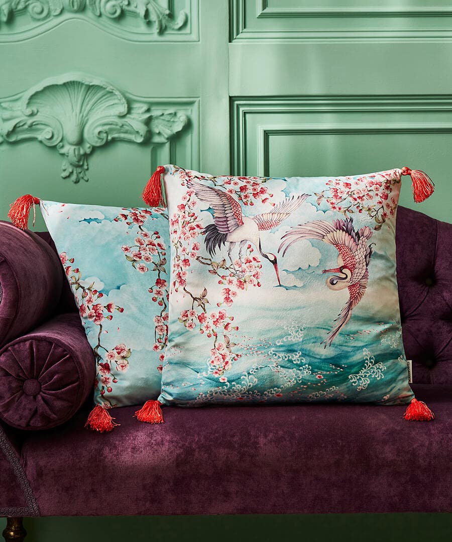 Sakura Herons Oceanic Reversible Velvet Cushion