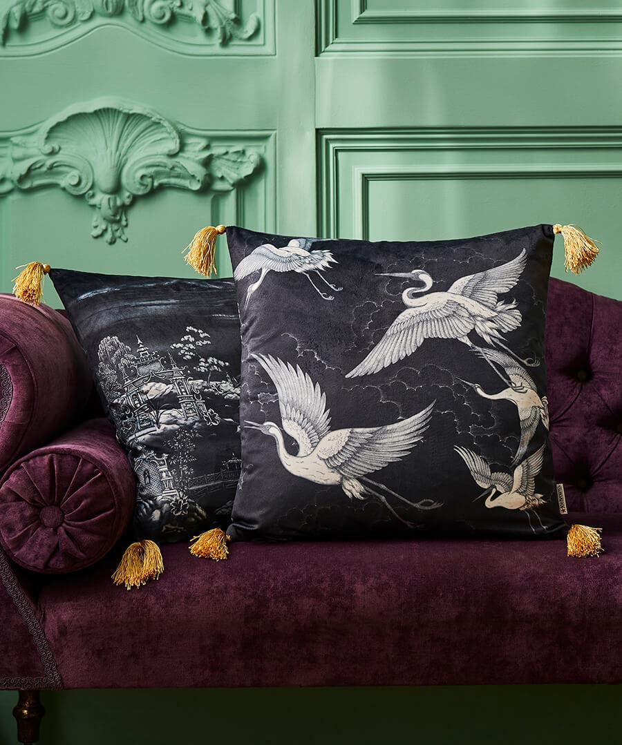 Herons In Flight Opulent Reversible Tasselled Velvet Cushion