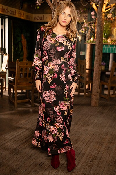 DRAMATIC FLORALS JERSEY DRESS