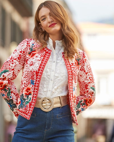 Blue Jeans, White Blouse, and Red Jacket