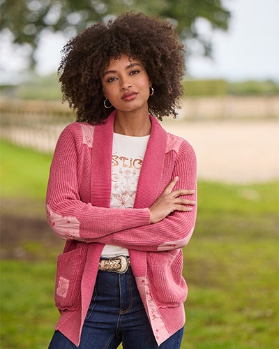 Low Rise Denim Jeans and Pink Cardigan