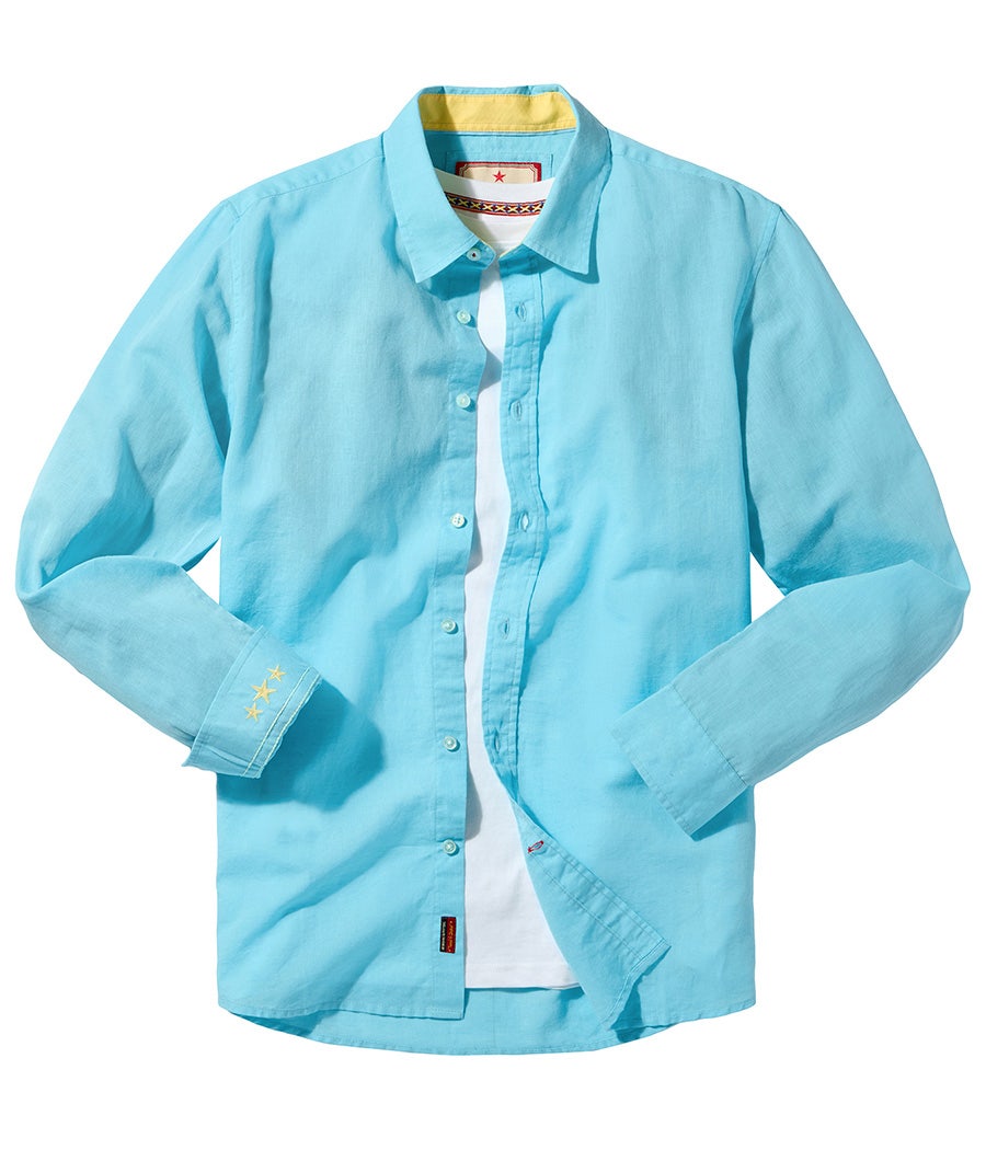 Linen Blend Long Sleeve Shirt Aqua