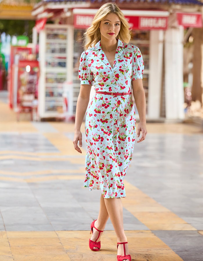 Betty Belted Vintage Cherry Print Midi Dress