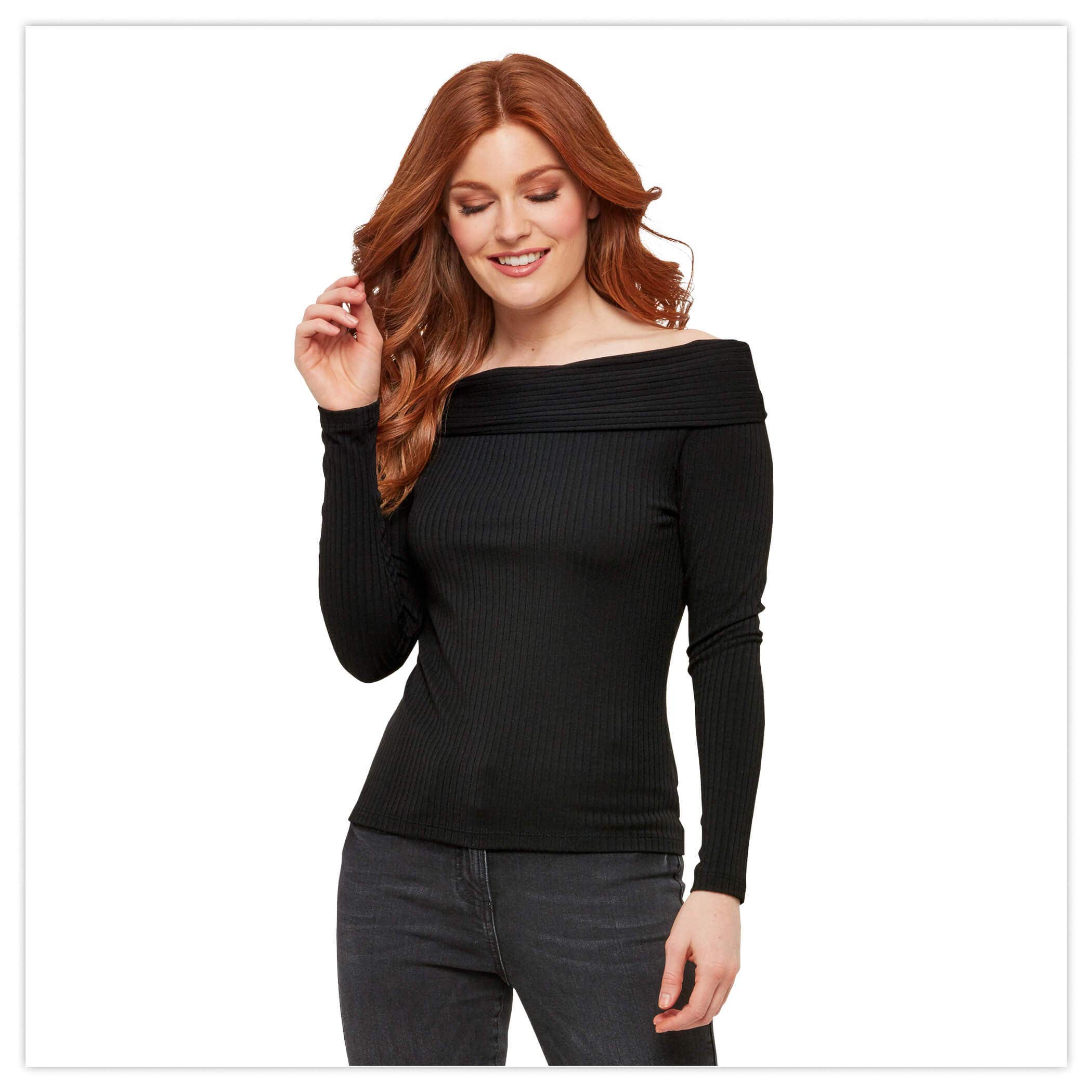 Rolled Shoulder Ribbed Top