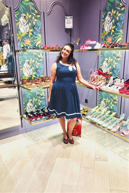 Joe Browns staff wearing blue polka dot dress