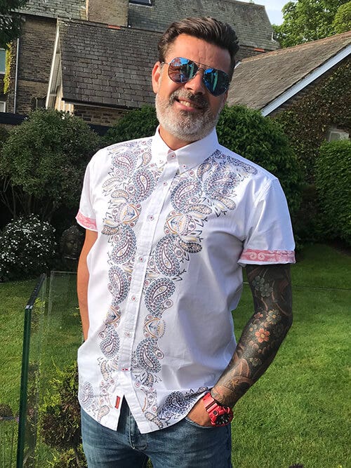 Super dad Craig wearing Joe Browns Paisley Placement Shirt